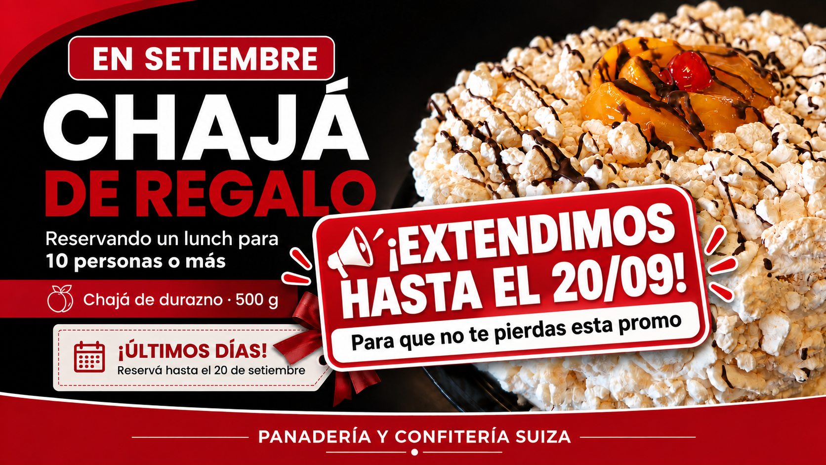 Extendimos hasta el 20 de septiembre la promoción de chajá de durazno de 500 gramos gratis reservando un lunch para 10 personas o más
